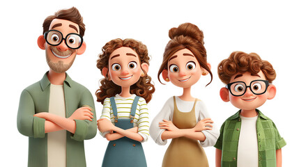 A heartwarmingly close cartoon family smiling together with arms crossed against a solid black on transparent background