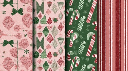 Festive Patterns with Bows, Candy Canes, Trees, Diamonds, Stripes