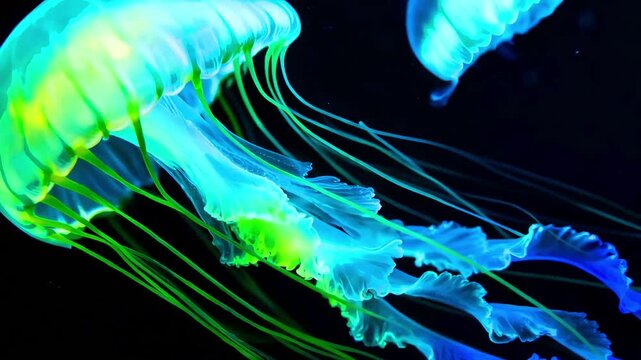 Bioluminescent jellyfish drift gracefully through dark ocean depths showcasing vibrant neon blue and green ethereal underwater illumination