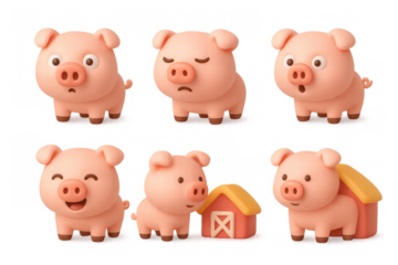 Adorable cartoon pig icons with various expressions and barn scene for graphic design and print