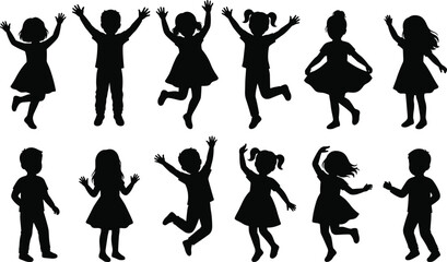 Happy children silhouettes jumping and dancing together, playful kids activity, childhood joy, education concept, isolated vector illustration