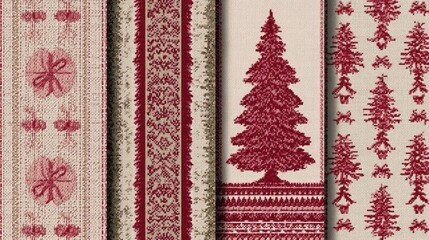 Textured fabric design with floral and tree patterns in red.