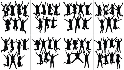 Happy business people jumping silhouettes collection showing success, teamwork, celebration and energetic group moments isolated on white background illustration