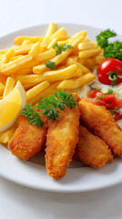 Fototapeta premium Plate of crispy fried fish fillets served with golden french fries and lemon. 