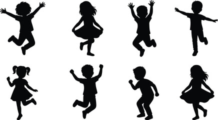 Kids jumping silhouettes set showing playful children energy, happy childhood moments, isolated black figures on white background illustration design