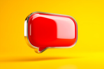 Glossy red speech bubble with golden edges floating on a vibrant yellow background, symbolizing messaging, communication, chat and modern digital interaction in a clean 3D style