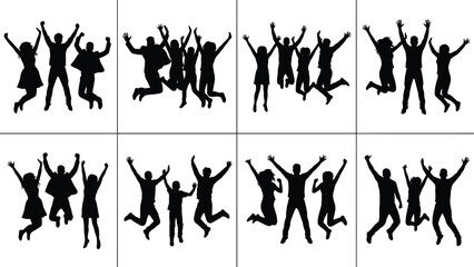 Happy people jumping silhouettes set showing celebration, freedom, teamwork and joy isolated on white background illustration for social lifestyle design