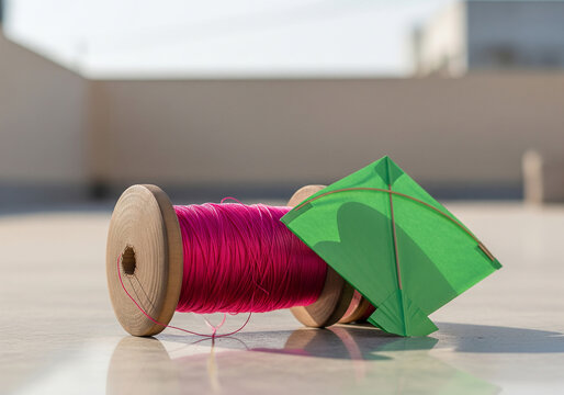 Vibrant Pink Thread Spool and Green Kite Ready for Flight on a Sunny Day. AI Generated