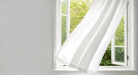 White sheer curtain blowing gently in the breeze through an open window with green trees outside, symbolizing fresh air and mild weather concept