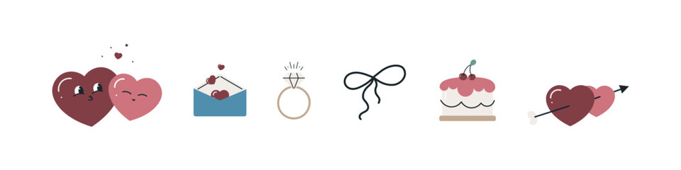 Valentine's day set with cute hearts. Hearts, diamond ring, letter, cake, bow, hearts with arrows. Cartoon flat style. Symbols of love. Vector illustration.	