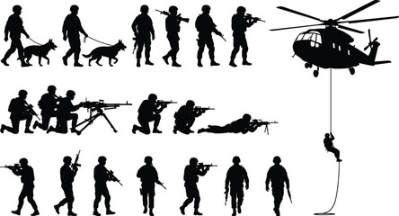 Special forces military soldier silhouettes with weapons, K9 unit, combat poses, helicopter fast rope insertion, tactical army vector set © Mehedi