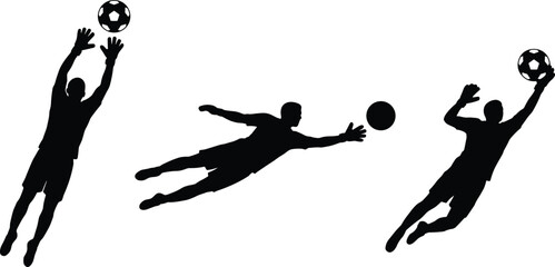 Soccer goalkeeper action silhouettes, flying goalkeepers catching football, dynamic sports illustration set for football training competition and athletic design