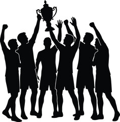 Soccer team victory silhouette, football players celebrating trophy win, championship success concept illustration for sports competition and teamwork