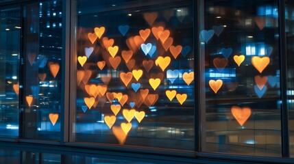 Heart shapes on window during Valentine's Day night in city