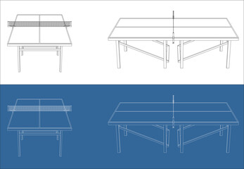 Table Tennis Table Technical Drawing Front and Perspective View Wireframe