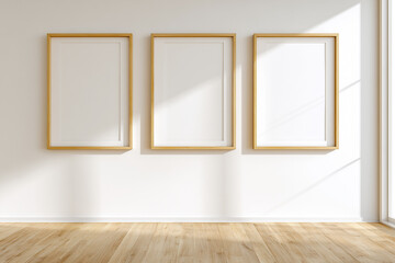Three empty wooden frames hanging on a bright gallery wall, illuminated by soft natural sunlight. Minimal interior design with clean composition and warm wooden flooring