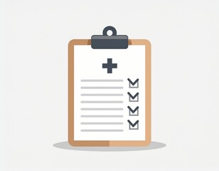 Minimal flat icon of a medical clipboard with checklist and cross symbol.
