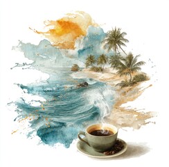 Watercolor depiction of coffee on a beach with ocean views.