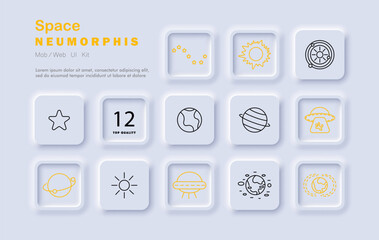 Space set icon. Neumorphic icons display planet, UFO, Earth, orbit, sun, star, galaxy cluster, spaceship window, number twelve, and astronomical symbols in soft layout.