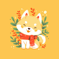Cute Shiba Inu Dog Wearing Scarf with Autumn Leaves.
