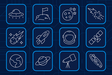 Space and astronomy set icon. Rocket, astronaut, UFO, telescope, Earth, Saturn, moon, stars, satellite, meteor, galaxy, exploration, science. © Кирилл Макаров