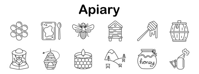 Apiary set icon. Line style elements showing bees, hives, honeycomb, jars, beekeepers, smoker, dipper, and nature symbols from honey farming environments