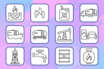 Fototapeta premium Oil set icon. Flame, barrel, refinery, tanker, truck, gas, pipeline, rig, fuel, canister, tap, transportation. Industry, energy, extraction, fuel.