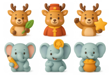 Cute deer and elephant icon set for festive and creative design projects