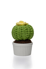 Crochet Cactus in White Pot Pincushion for Seamstress White Background