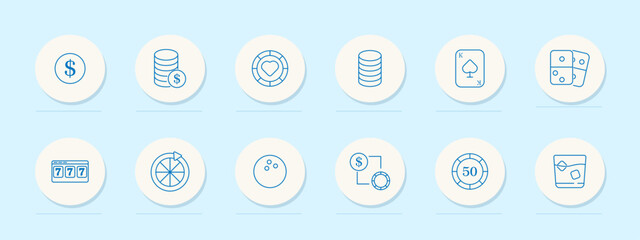 Casino set icon. Coins, chip, heart symbol, cards, dice, slot machine, roulette, bowling, dollar, drink. Gambling, luck, play, bet, prize, spin, entertainment, win, finance, chance.