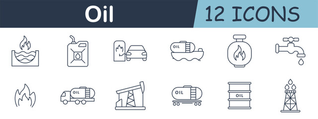 Oil set icon. Fuel tankers, pumpjack, barrels, refinery, jerrycan, flame, gas pump, offshore ship, tap, and droplet symbols in clean industrial outline style.