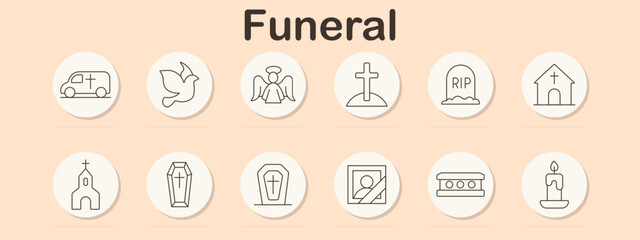 Funeral set icon. Car, dove, angel, cross, tombstone, church, coffin, portrait, urn, candle. Mourning, death, ceremony, religion, grief, goodbye, spiritual, memory, ritual, respect.
