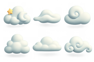 Whimsical cartoon cloud icon set with star and crescent for creative design