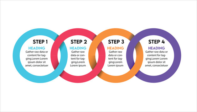 Colorful 4-step flat circular process infographic vector for business workflow, marketing presentations, data visualization, strategy planning, and step-by-step guides
