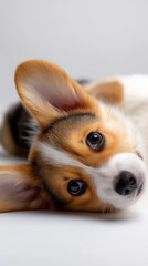 Small dog resting its head sideways on a white surface with gentle expression.
