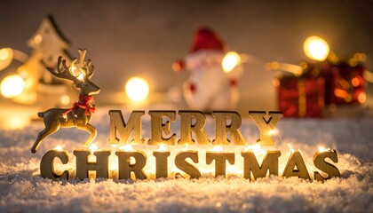 Christmas scene with golden “MERRY CHRISTMAS” letters, golden reindeer, Santa, gifts, and blurred festive lights.