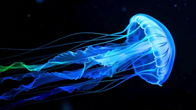 Bioluminescent jellyfish glows with vibrant blue and green light drifting gracefully through the deep dark ocean water environment