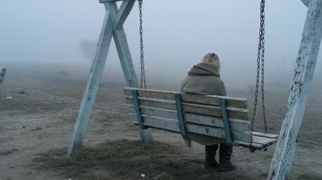 A person sits silently on a weathered timber swing, gazing into the vast misty expanse. This scene projects immense forlornness, profound isolation, and deep sorrow within a cold, desolate setting.