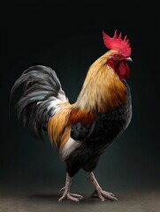 Fototapeta premium A striking coq stands tall and proud, with vivid feathers that blend warm hues of gold and red. Its majestic presence shines against the dark background, embodying elegance and strength