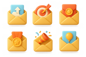 Colorful cartoon envelopes with festive icons for creative design projects