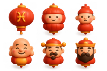 Festive lantern icon set celebrating asian traditions and cheerful cartoon characters for design