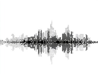 Abstract digital representation of a city skyline with square pixels.