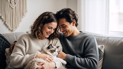 Happy young couple sitting on a sofa holding a fluffy Ragdoll cat. Loving relationship and pet ownership concept