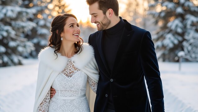 Happy wedding couple walking in a snowy winter forest at sunset.  Love and marriage concept