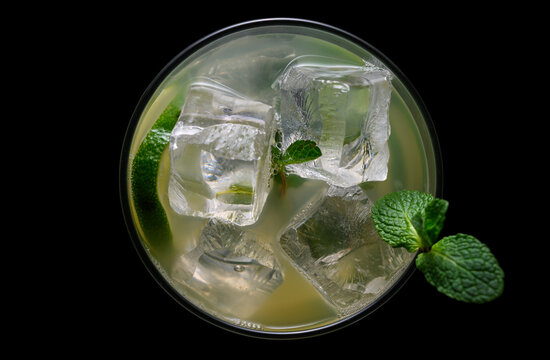 Top View of Classic Cuban Mojito Cocktail on Dark Surface
