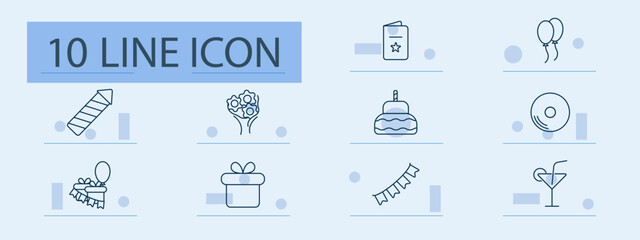 Party set icon. Firework, bouquet, card, balloons, cake, record, hat, gift, garland, cocktail. Celebration, event, fun, music, greeting, present, drink, decoration, joy, birthday.