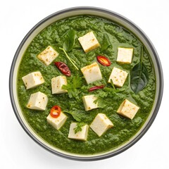 Palak Paneer Indian Spinach Curry with Paneer, Top View, Isolated on White