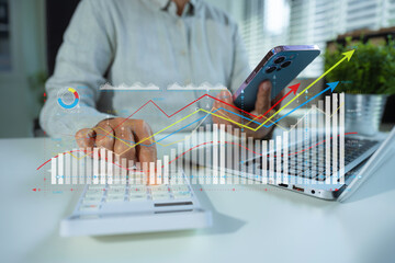 Business woman working on laptop and accounting financial report, accountant using calculator to calculate tax refund at office with copy space.