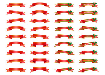 赤と金色のクリスマスリボンのイラストセット 装飾 デコレーション素材