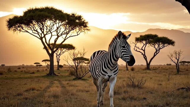 A zebra stands in the savannah during a picturesque sunset.